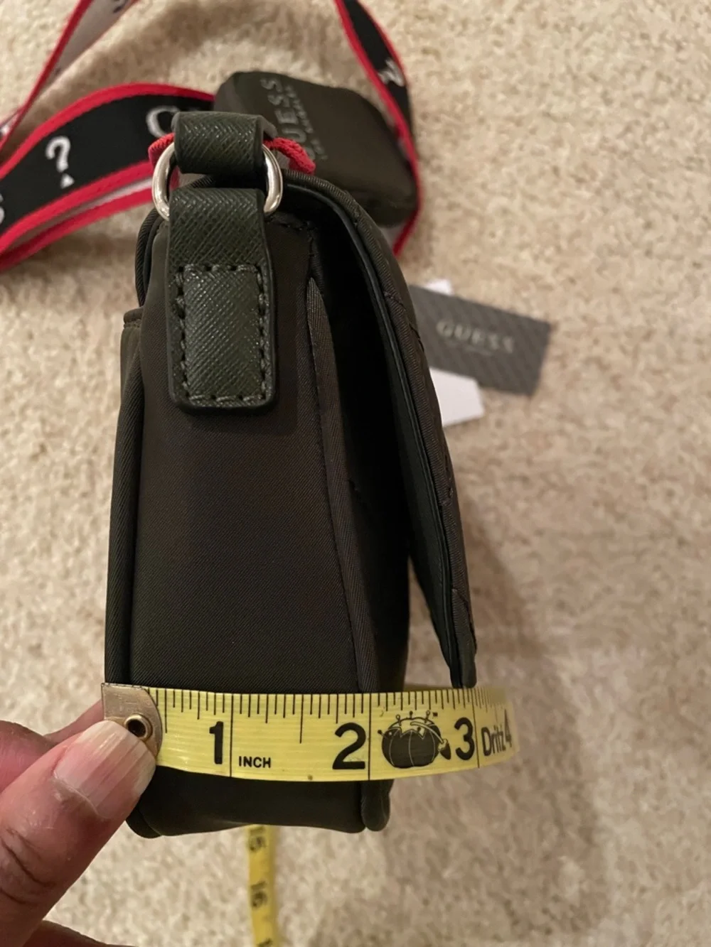 Guess Olive Green Mini Crossbody with Black, Red & White Logo Strap - Picture 7 of 13